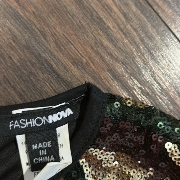 Fashion Nova Sequin Camo Dress - Gold, Green, Brown - Picture 4 of 5